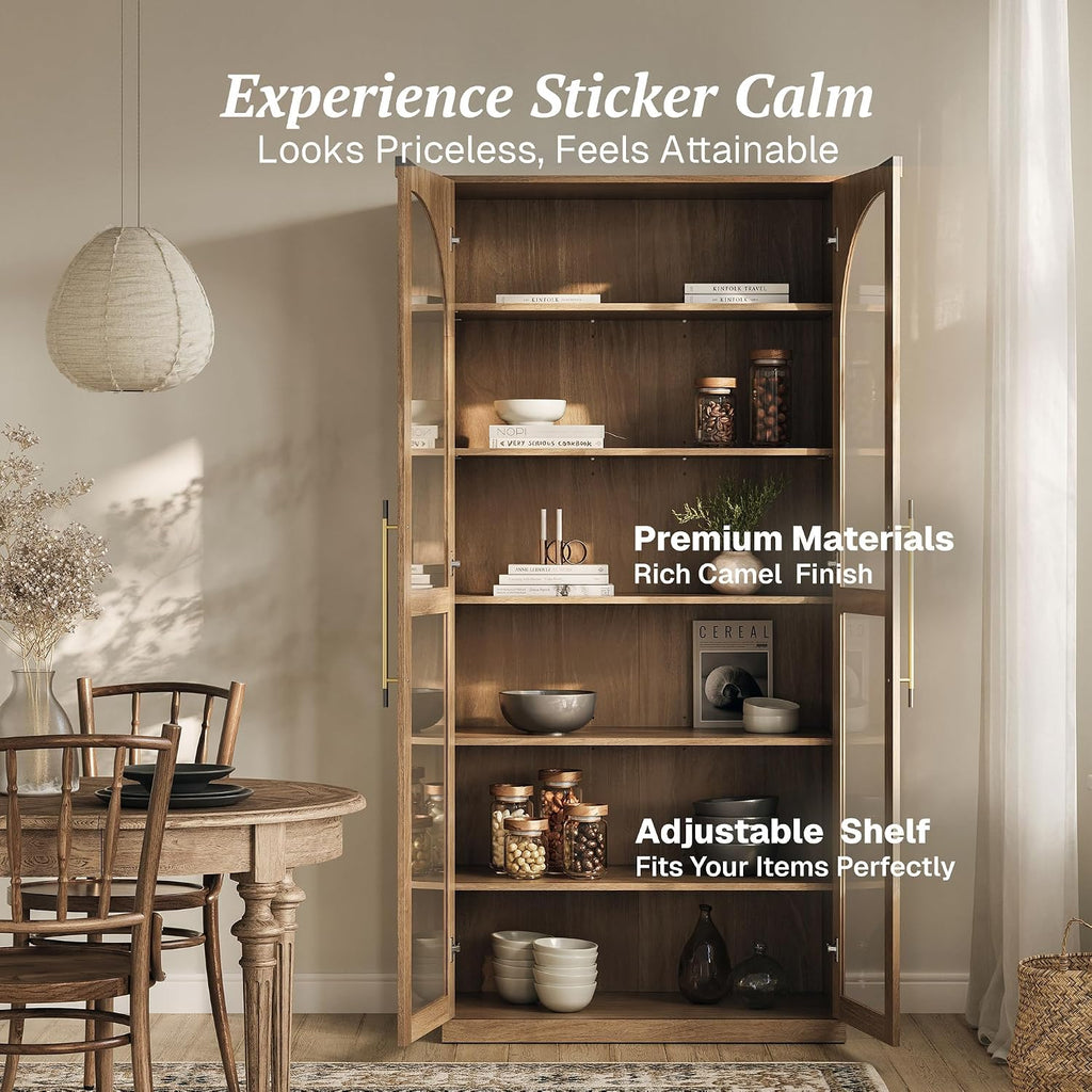 67" Jagger Glass Display Cabinet - Camel | 6-Tier,Wood Curio Cabinet,Adjustable Shelf,Trophy Showcase,Modern,Living