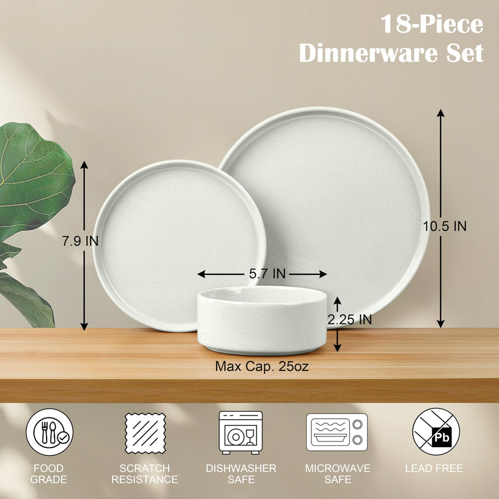 Dinnerware Sets for 6, 18-Piece Stoneware Plates and Bowls Set, White