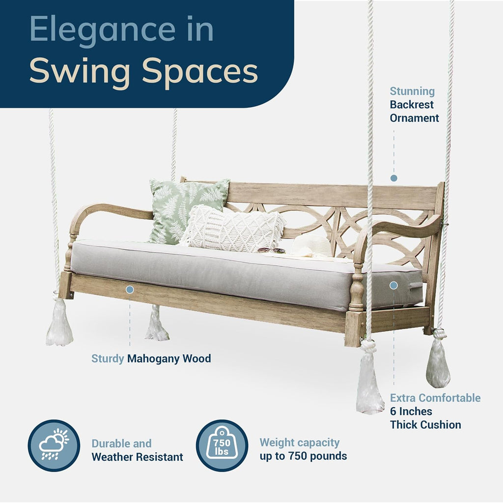 Renley 5.6 FT Mahogany Porch Swing Daybed with Oyster Cushion, Lime Wash Finish, Turned Detail, Weather-Resistant