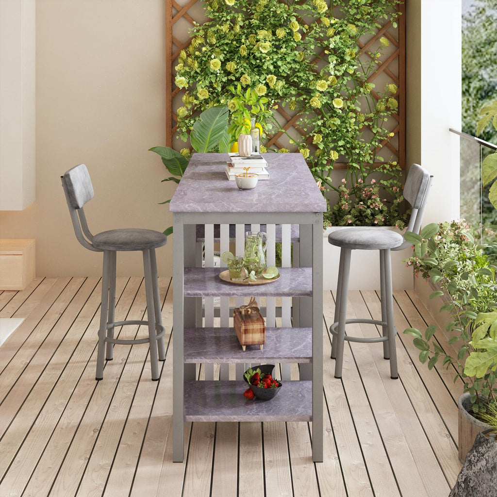 3-Piece Bar Table and Chairs Set, Modern Gray Table with 2 PU Cushion Bar Stools, Kitchen Counter with 3 Tier Storage