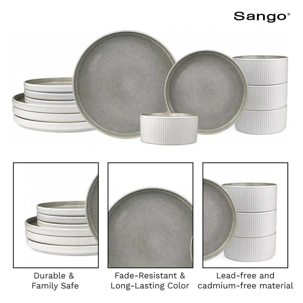 12 Pieces Stoneware Fluted Dinnerware Set, Modern Cream Dishes for 4, Premium Serving Plates and Bowls Sets, Chip &