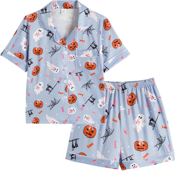Girls Summer Pajama Sets Button Down Top & Shorts Sleepwear