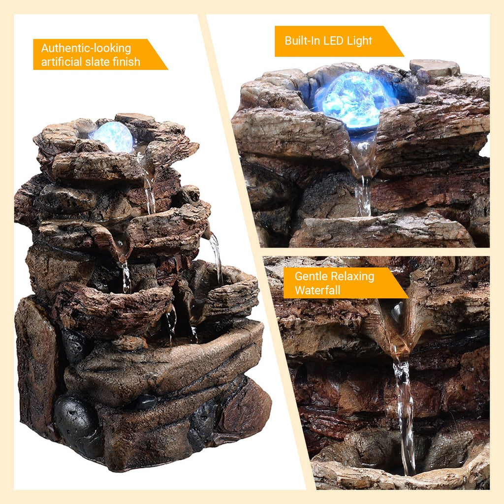 Tabletop Waterfall Fountain with Glass Ball and Color Changing LED - Indoor Decorative Waterfall, Resin Natural