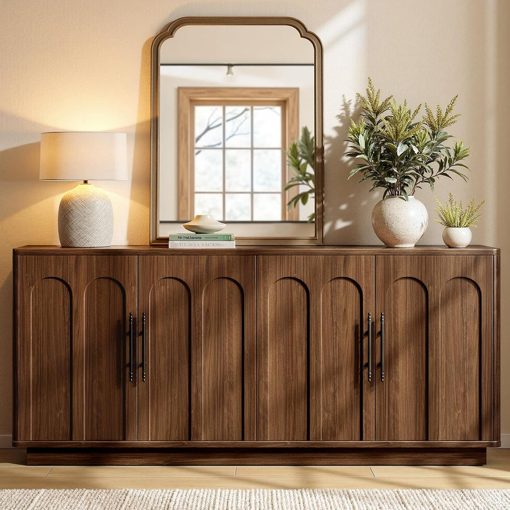 67" Arched Walnut Buffet Cabinet with Storage, Large Credenza with 4 Doors