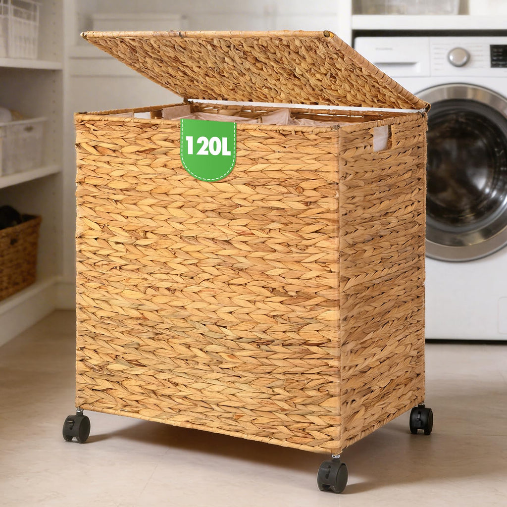 Wicker Laundry Hamper with Lid & Wheel, Rattan Laundry Basket, 120L