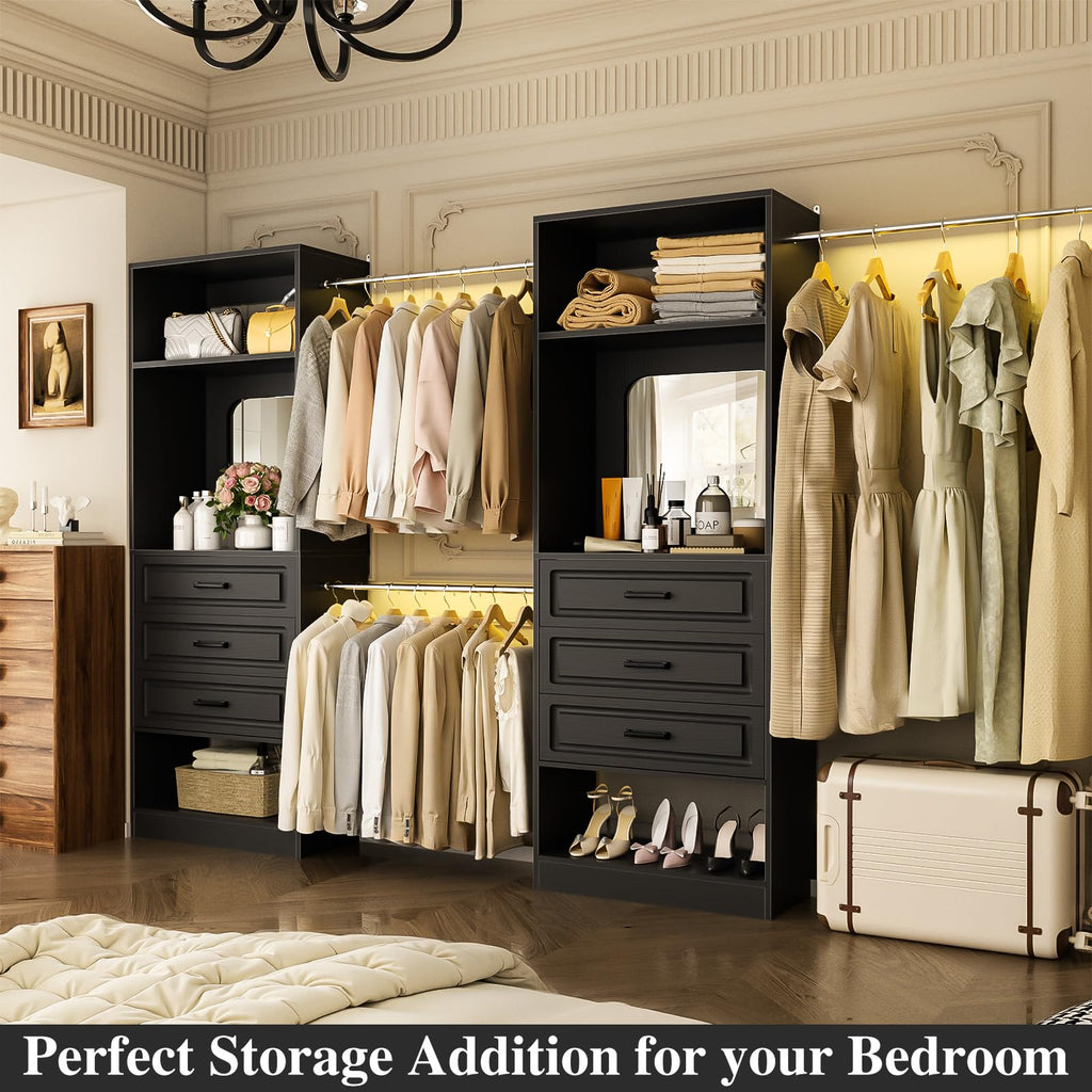 6-14FT Wood Closet System with 6 Drawers and Mirror, Black