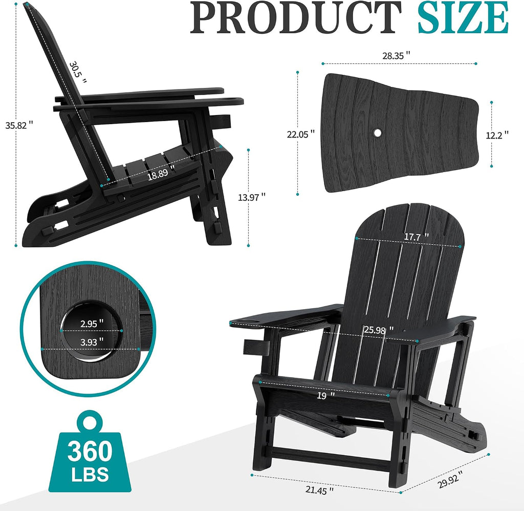 JY QAQA Outdoor Adirondack Chair Set of 2, All-Weather HDPE Patio Furniture with Detachable Table, Wood Texture & Cup