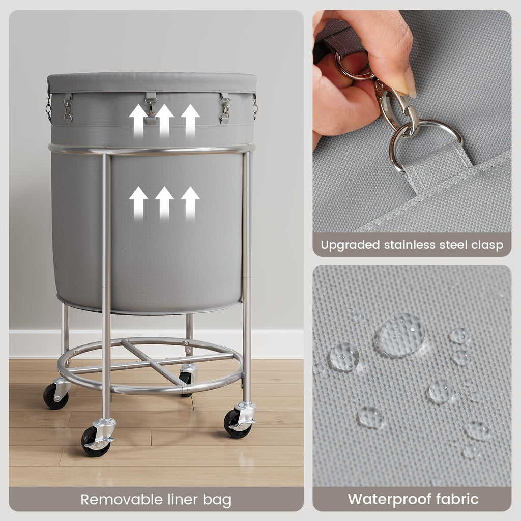 Laundry Basket with Wheels, Round Rolling Laundry Hamper, Gray