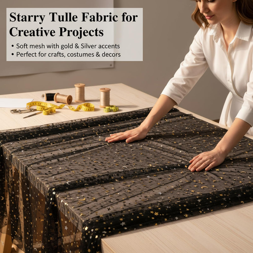 Glitter Tulle Fabric with Star Moon Sequin, 3 Yard x 59" Wide Rolls, Sparkly Sheer Material for Tutu Skirts &