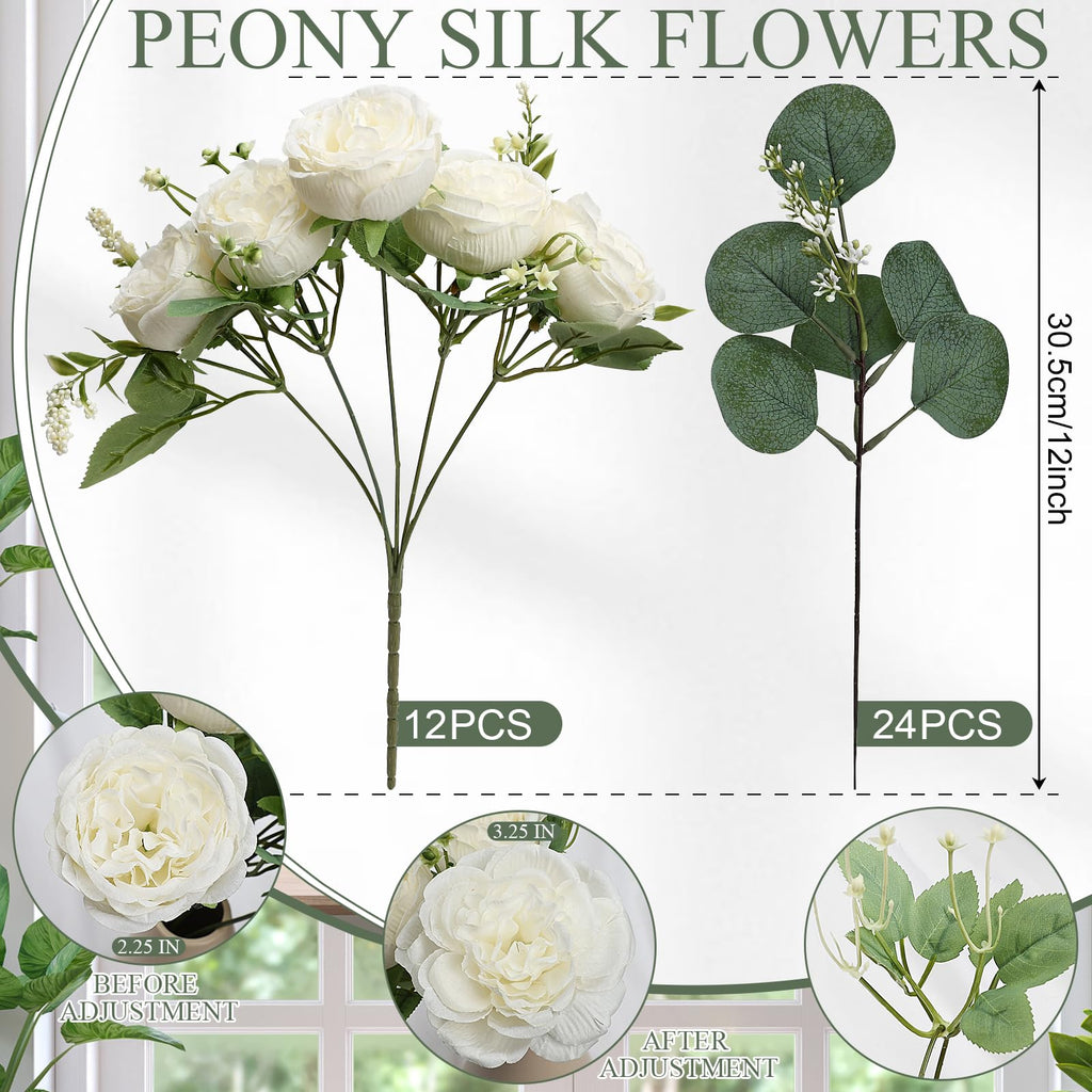 12 Bundles White Artificial Peonies Silk Flowers Bulk