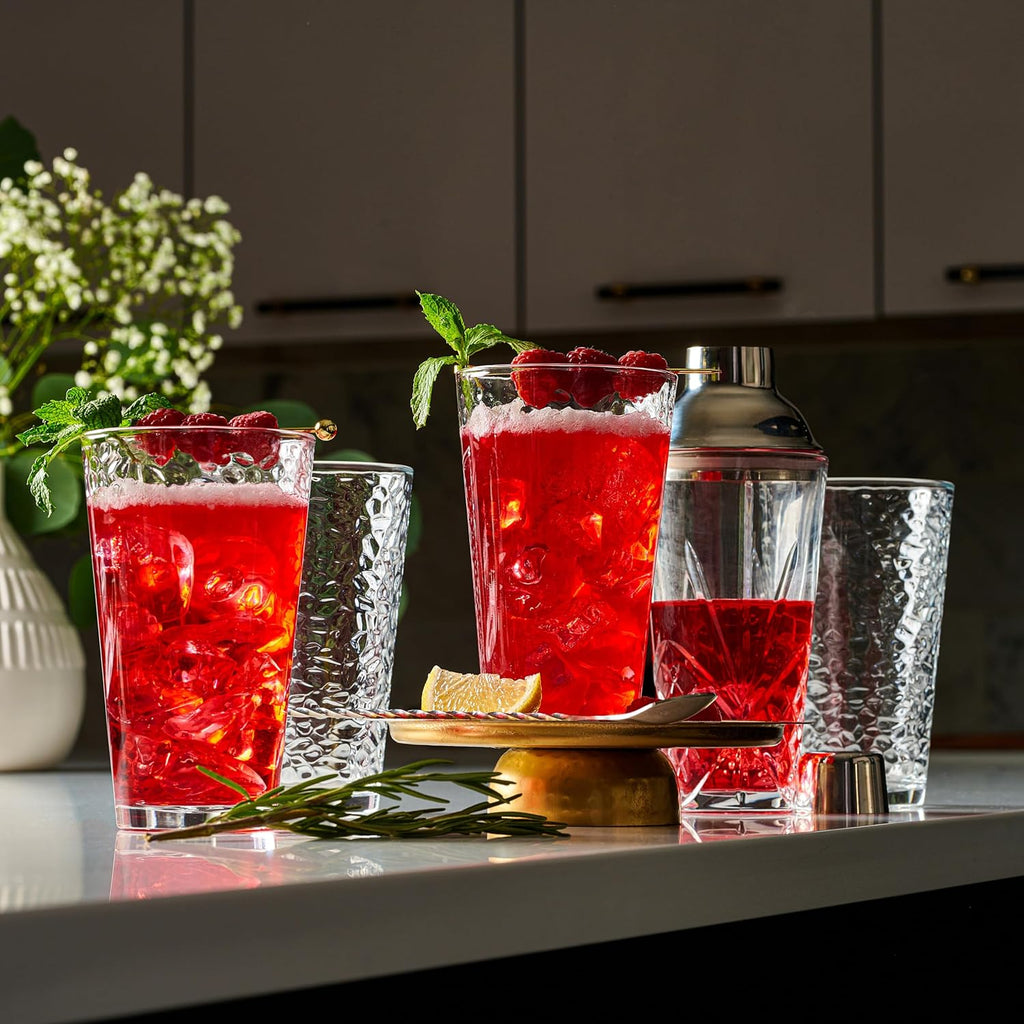 Set of 10 Hammered Glass Cups, Clear Heavy Base Drinking Glasses | 16oz, Stackable, Durable, Dishwasher Safe, Freezer