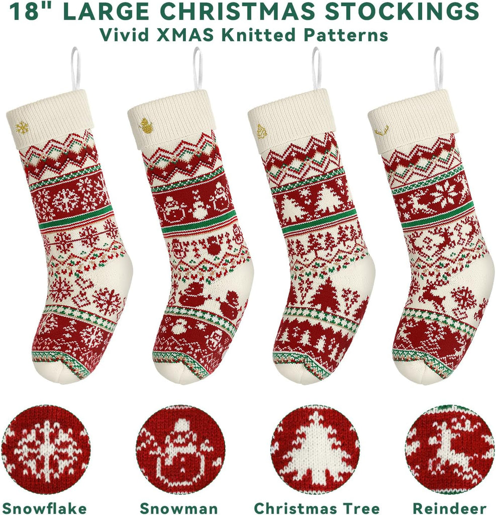 Knit Christmas Stockings with Patterns Reindeer, Tree, Snowflake, Snowman-4 Pack 18 Inch Large Knit Stockings - Set of 4