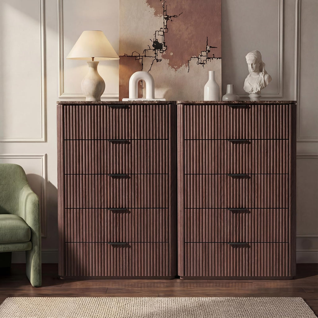 30"W Fluted Dresser, Tall Dresser with 5 Drawer, Dark Oak