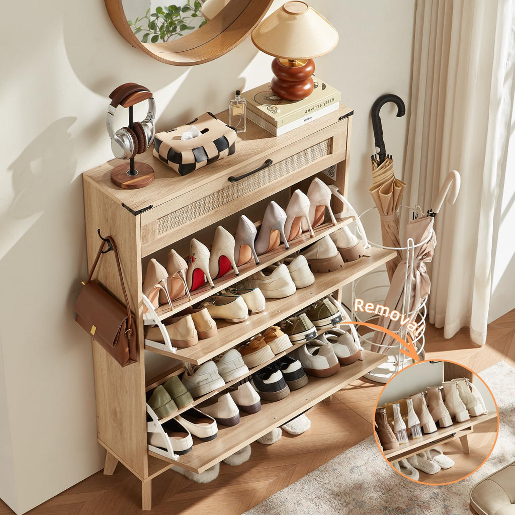 Rattan Shoe Cabinet Storage With 2 Flip Drawers