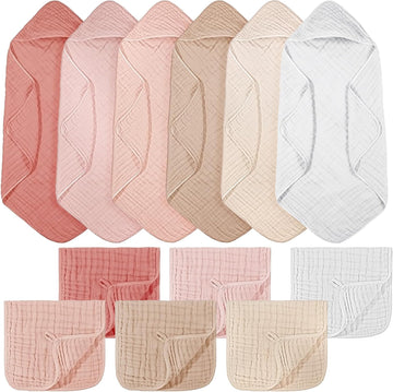 12 Pcs Baby Muslin Hooded Towels Washcloths, Pink Beige Series
