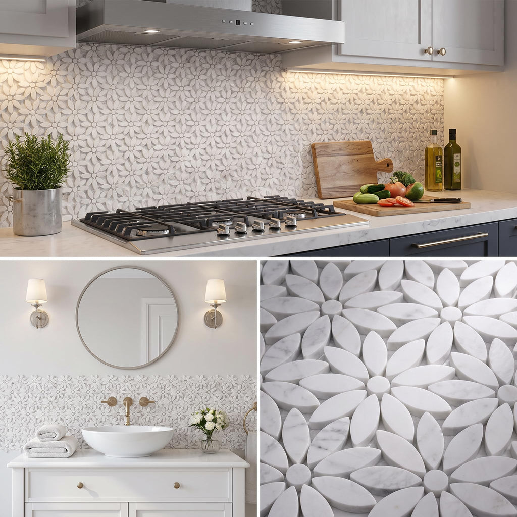 Daisy Flower Marble Mosaic Tile 10.4×12", White Shower Tile, Mesh Backing