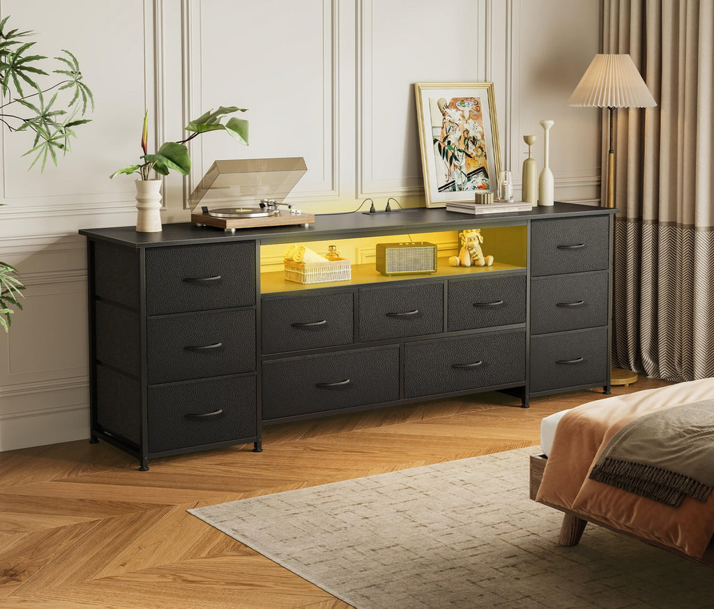 63 Inch TV Stand for 65, 70 Inch TV, 11 Drawer Long Dresser with Power Outlets and LED Lights, Entertainment Center