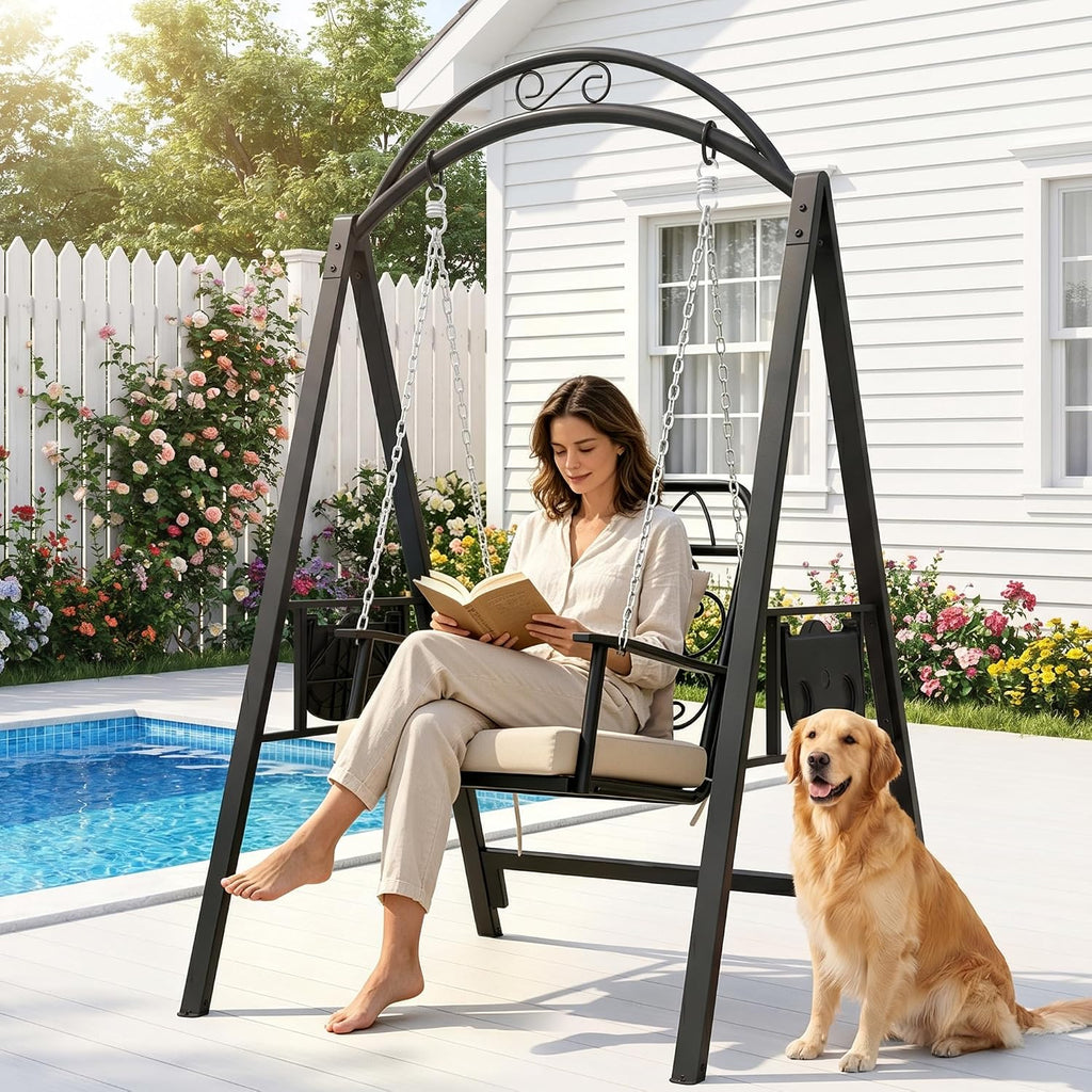 Outdoor Porch Swing with Stand, 350lbs Capacity, Height Adjustment | 1 Seat, Heavy-Duty Metal Frame, Cup Holders