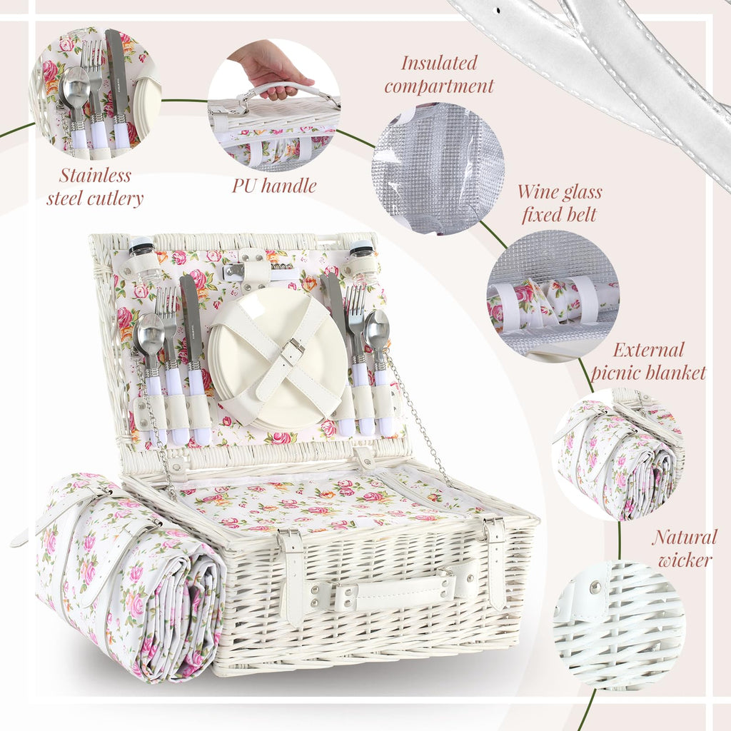 Wicker Picnic Basket Set for 4, Blanket, Cooler Bag, White Floral