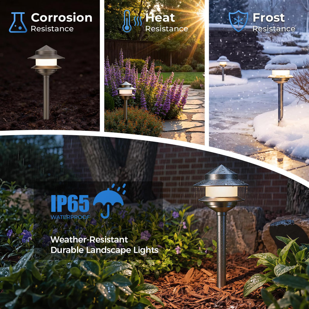 Pagoda Solid Brass Low Voltage Landscape Pathway Lights, 12V LED Heavy Duty Path Lighting Outdoor Wired, Waterproof