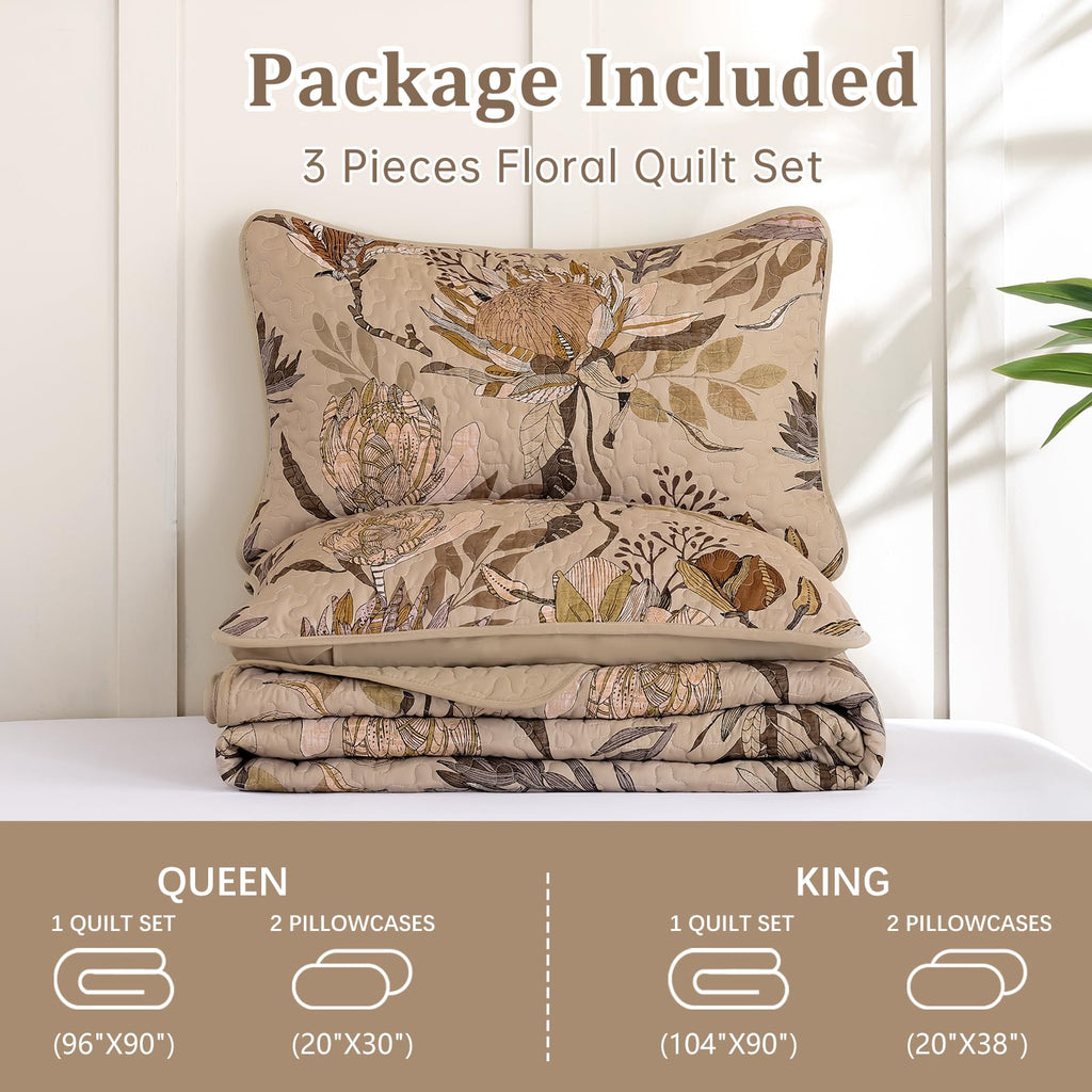 Fall Quilt Queen Size Brown, 3 Pcs Floral Bedspread Bedding Set