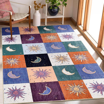 Boho Sun and Moon Washable Rug Ultra Thin, Vintage Mystical Celestial Checkerboard Area Rug Entryway Kitchen