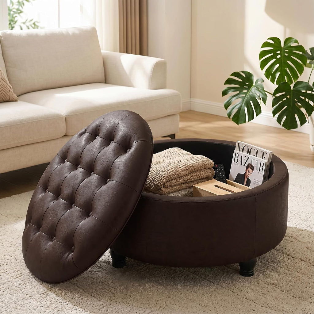 30-Inch Round Ottoman with Storage, Leather Ottoman (Dark Brown) | Button Tufted Ottoman Coffee Table, Storage