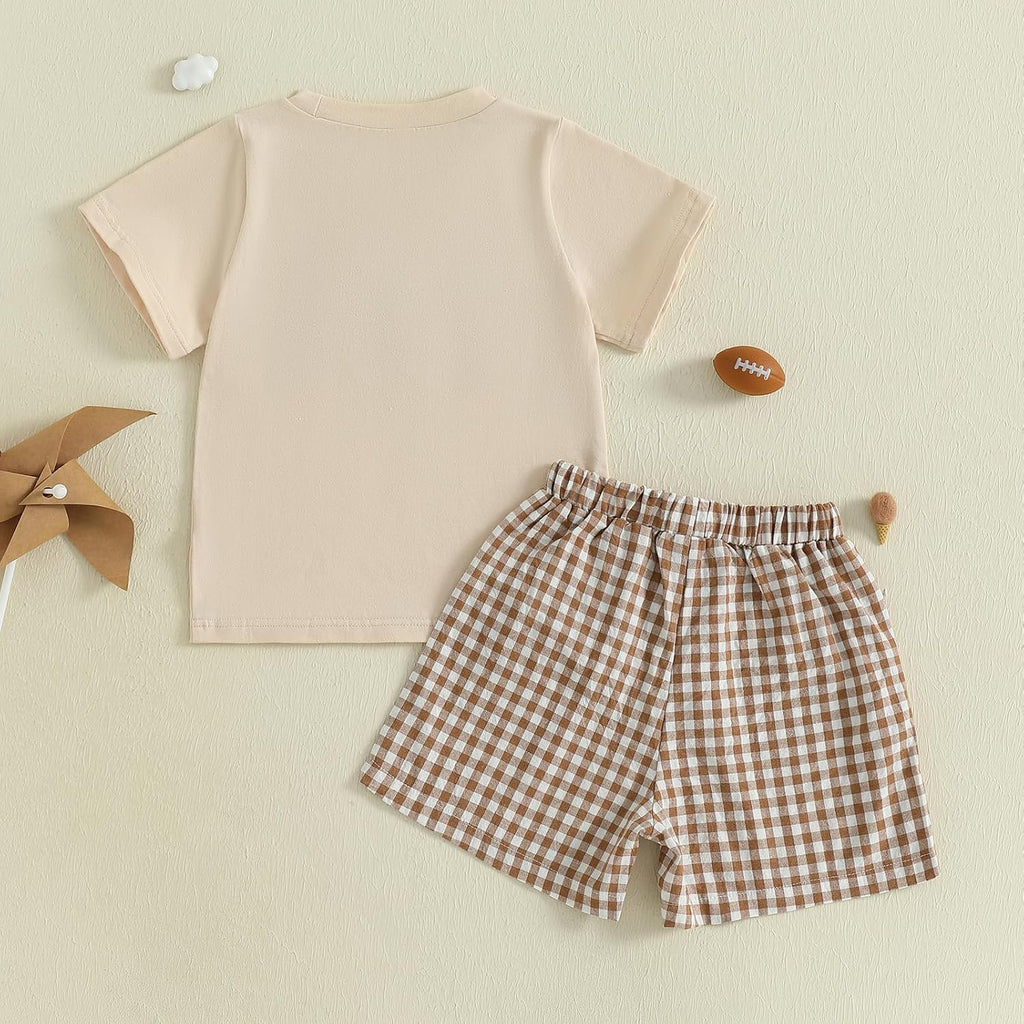 Kids Baby Boy Girl Football Outfit Embroidery Short Sleeve Shirt Plaid Shorts Cute Toddler Clothes Clothing Set