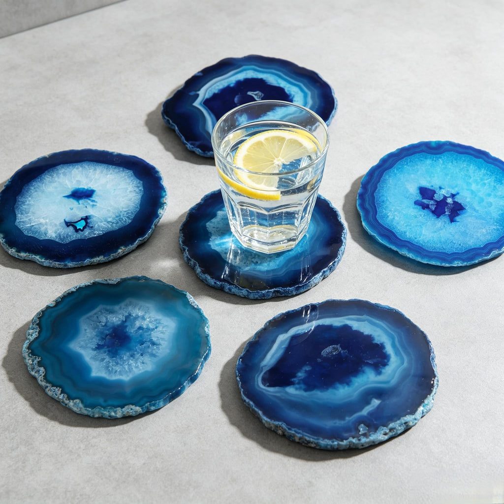 Coasters Set of 4 Agate Coaster Teal Irregular Dyed 4-5" for Drinks Coffee Wine Bar Glasses with Rubber Bumpers