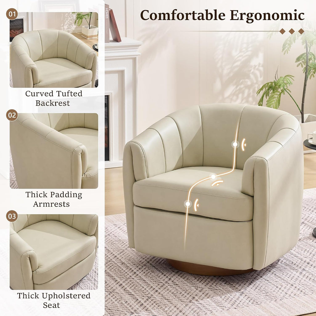 Swivel Accent Chair, PU Leather Barrel Armchair with Wood Base, Cream