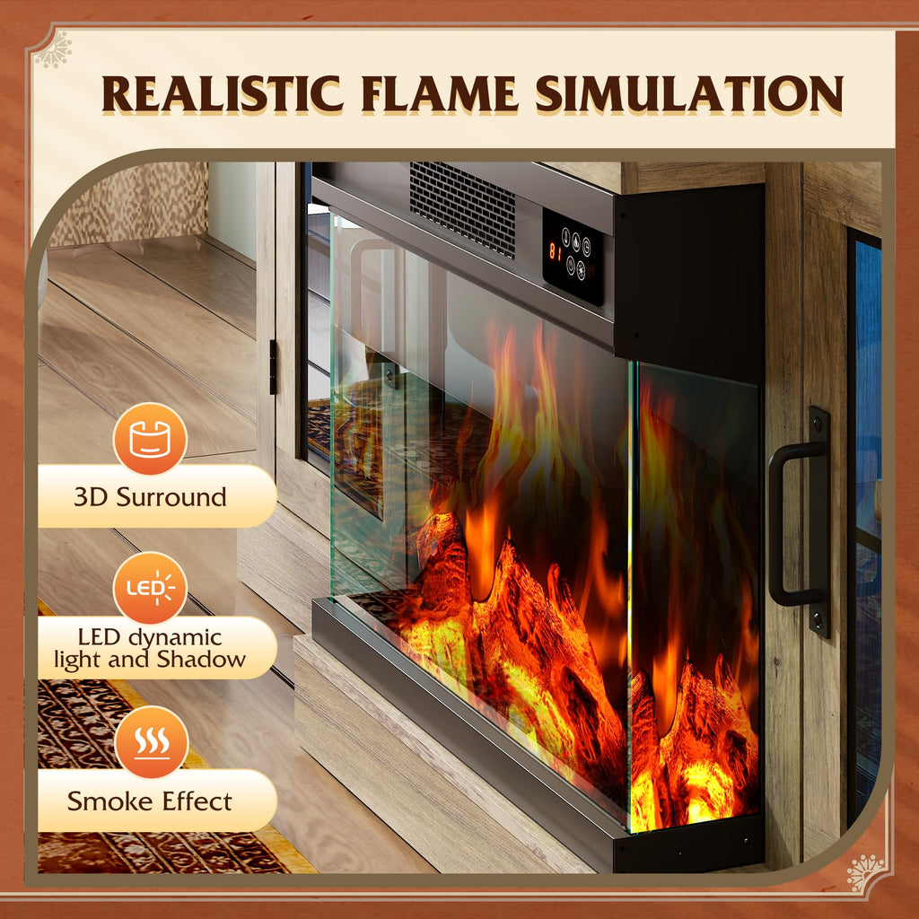 3-Sided Glass Electric for 65 Inch TV, Entertainment Center with 14 Flame Colors & Adjustable LED Storage Cabinets