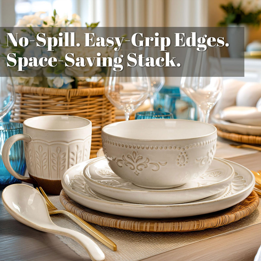 Plates And Bowls Sets, 16 Pieces Dinnerware Sets, Dish Set For 4, Ceramic Kitchen Bowl And Plate Set, Embossed White