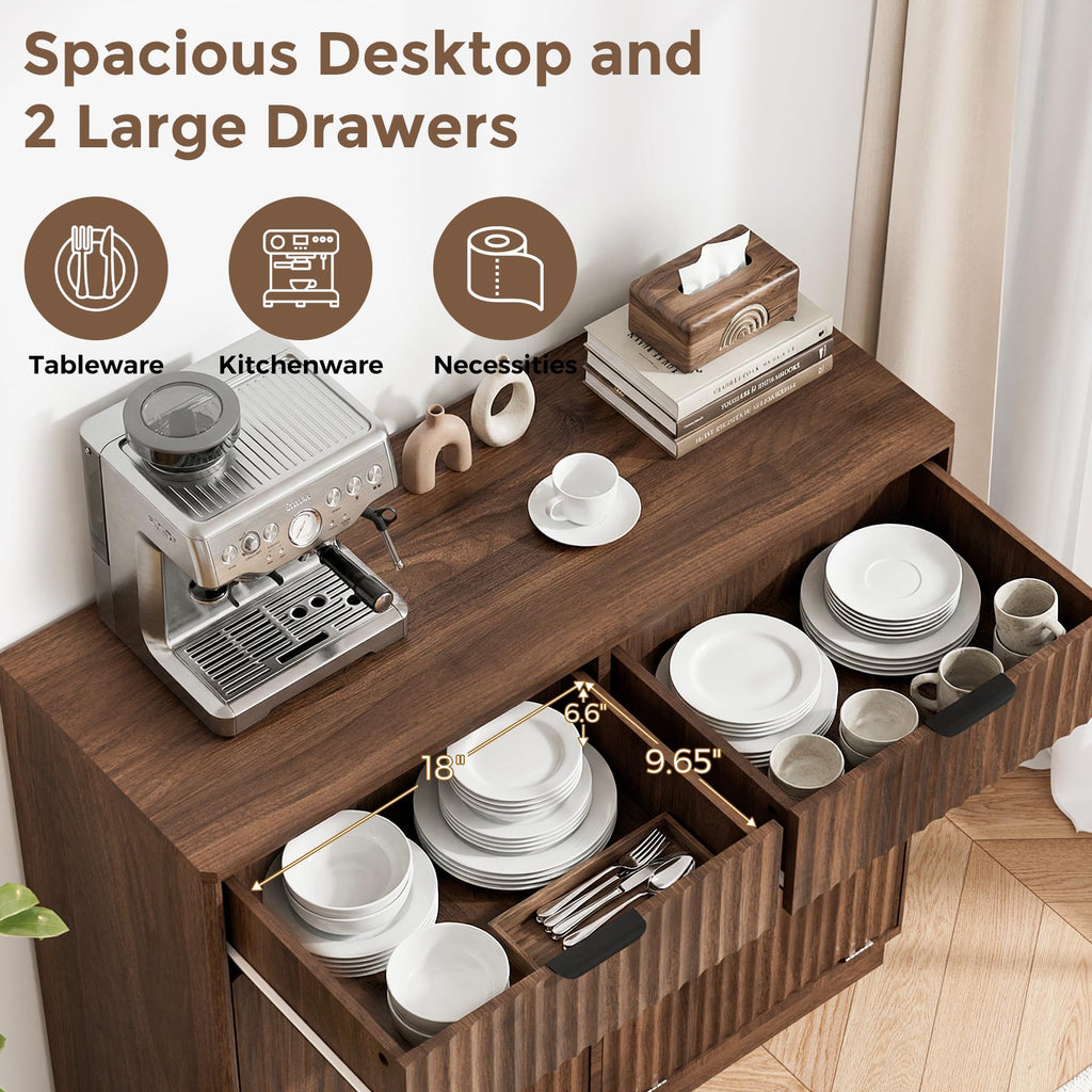 Double Tilt Out Trash Can Cabinet, Hidden Trash Cabinet with Storage Drawers, Walnut Laundry Hamper Cabinet with