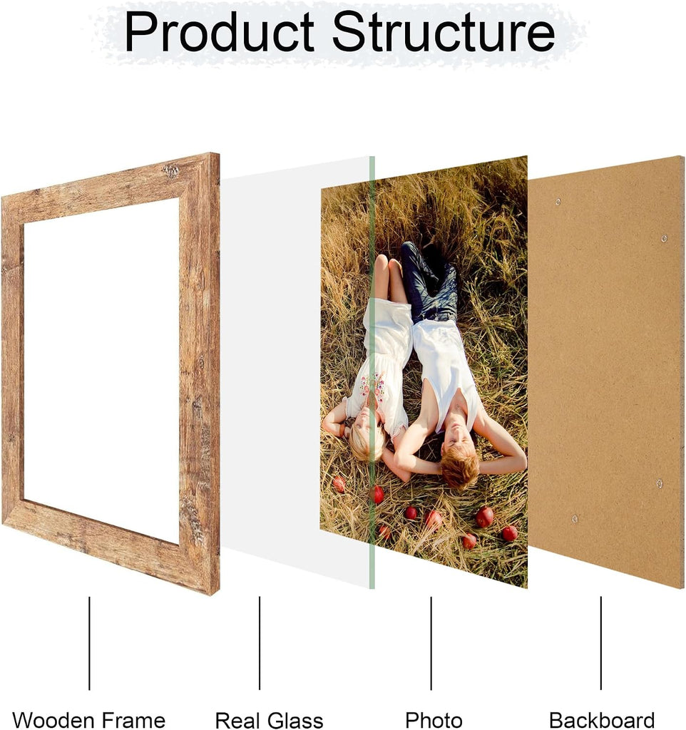 8x10 Picture Frame Set of 6, Brown Rustic Frame with High Definition Real Glass, 8 x 10 Wood Photo Frames for