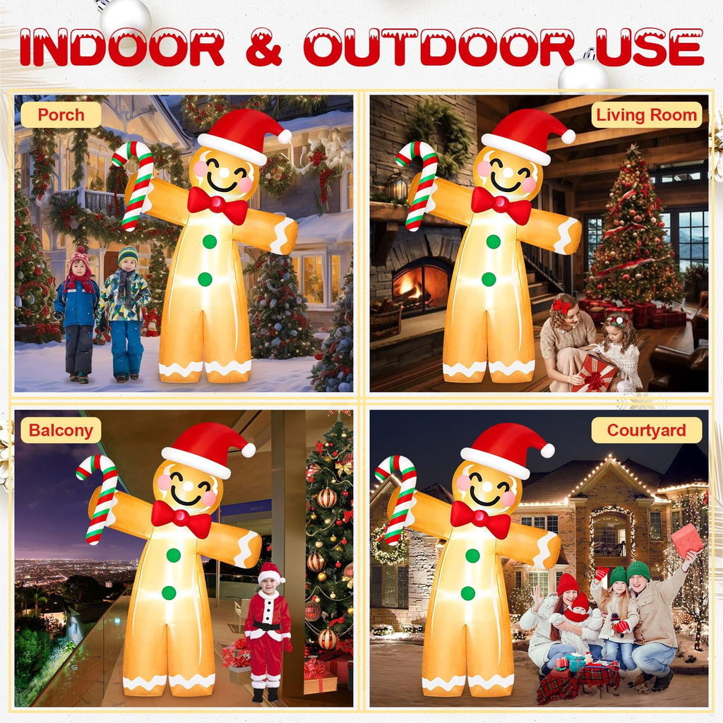 8FT Tall Giant Gingerbread Inflatable Christmas Decorations Outdoor Candy Cane, Built-in LED Lights Funny Ginger
