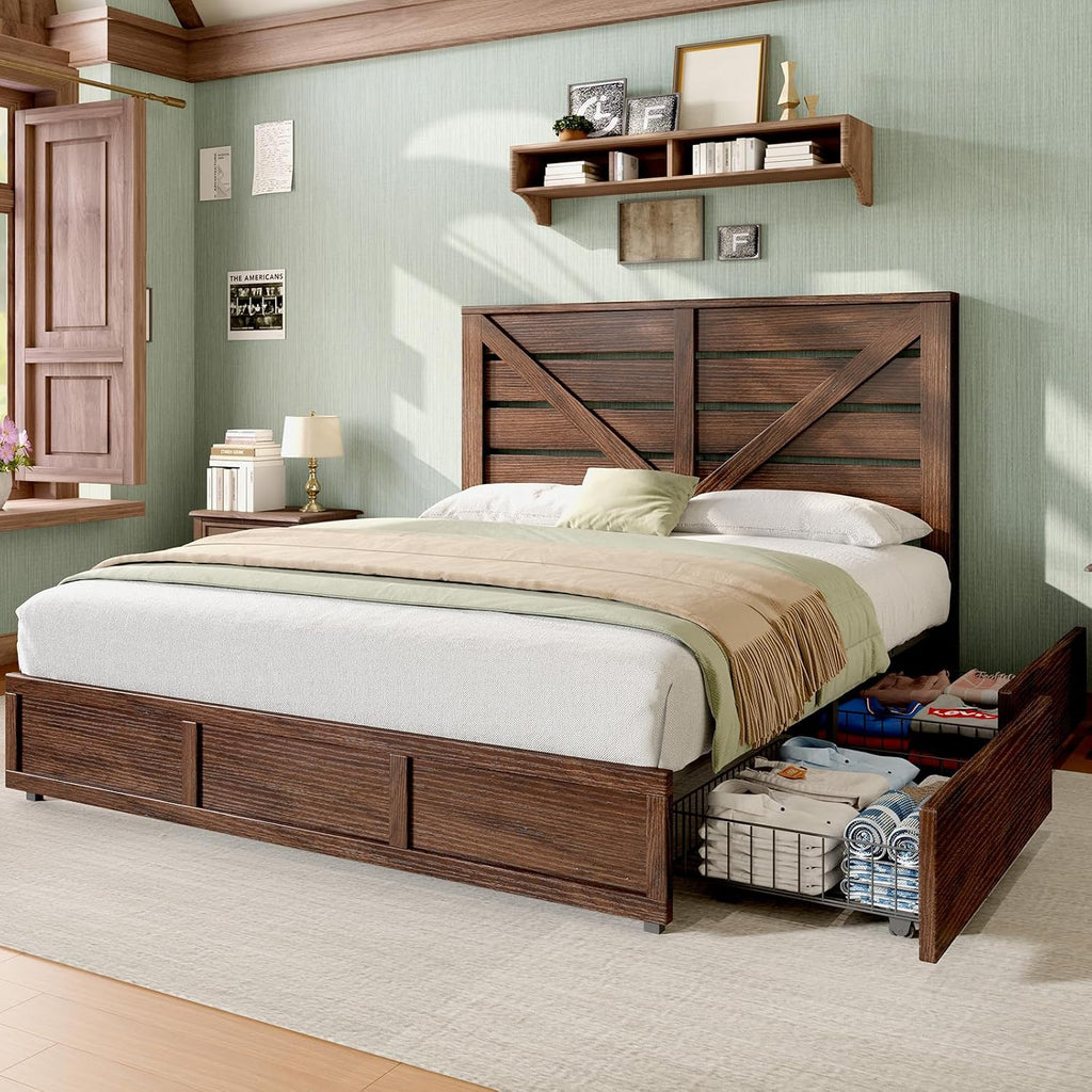 King Farmhouse Bed Frame with 4 Drawers, Wooden Storage Bed Frame with Headboard and Heavy Duty Metal Slats, Noisy