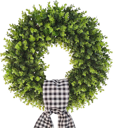 Boxwood Wreaths for Front Door Artificial Green Spring Summer Wreaths Farmhouse Door Hanger,Year Round Door Wreath