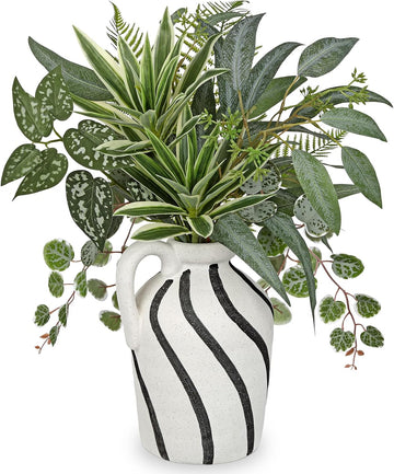 Artificial Greenery Arrangement with Cement Vase, Fake Potted Plants in Rustic Jug Planter, Faux Leaf Bouquet - Set of 6