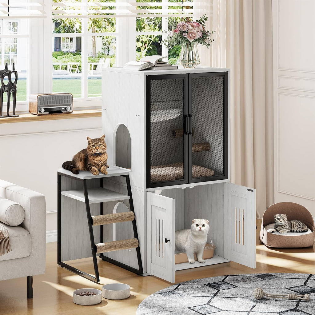 2-Tier Hidden Cat Litter Box Enclosure Cabinet