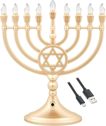 Traditional LED Electric Gold Hanukkah - Large Size 13-Inches Tall Battery or USB Powered - Includes a Micro USB