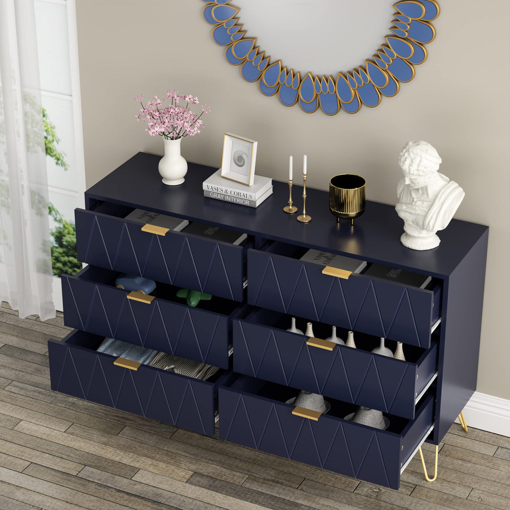Navy Large Dresser 6 Drawer Dresser, Chest of Drawer with 6 Wide Drawers Wood Storage Cabinet Organizer with Metal