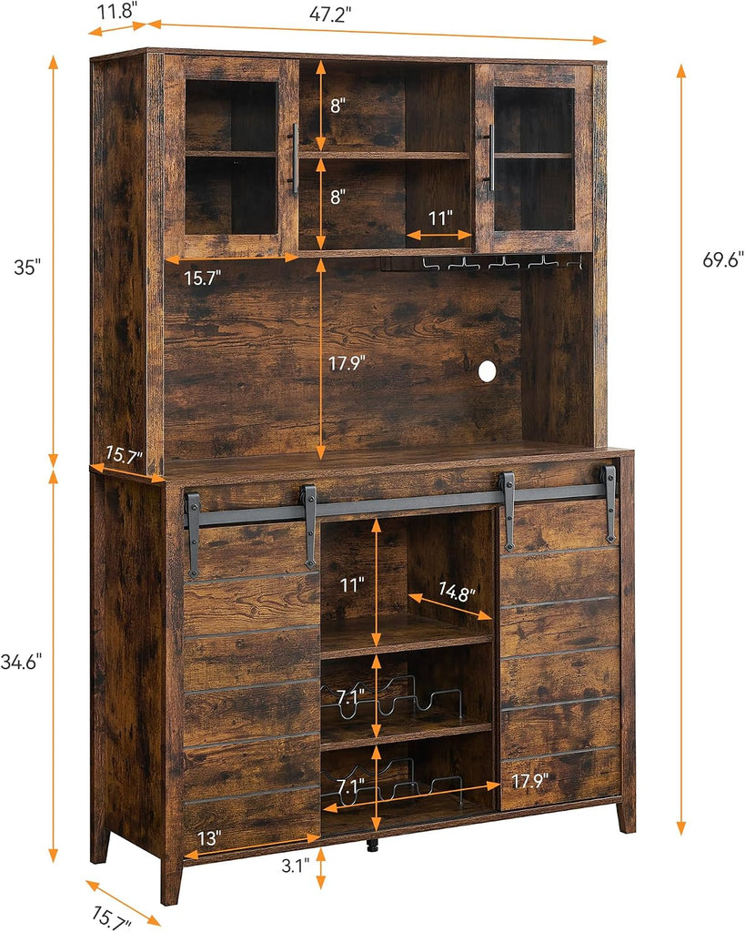 70'' Wine Coffee Bar Cabinet with Storage Hutch, Tall Kitchen Pantry Liquor Cabinet with Sliding Barn Doors, Bottle