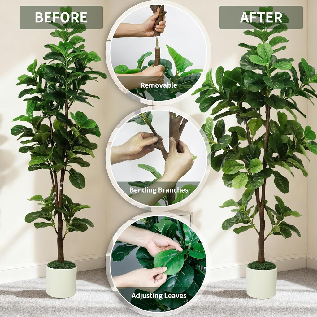 7FT Artificial Fiddle Leaf Fig Tree with White Planter & Fake Moss, Realistic Faux Ficus Lyrata Floor Plant Home