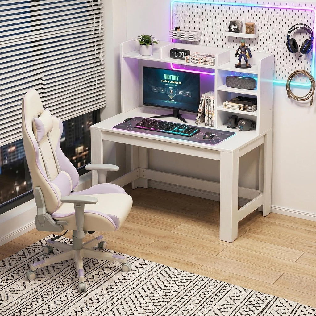 43" White Student Desk with Hutch and Built-in Power Outlet