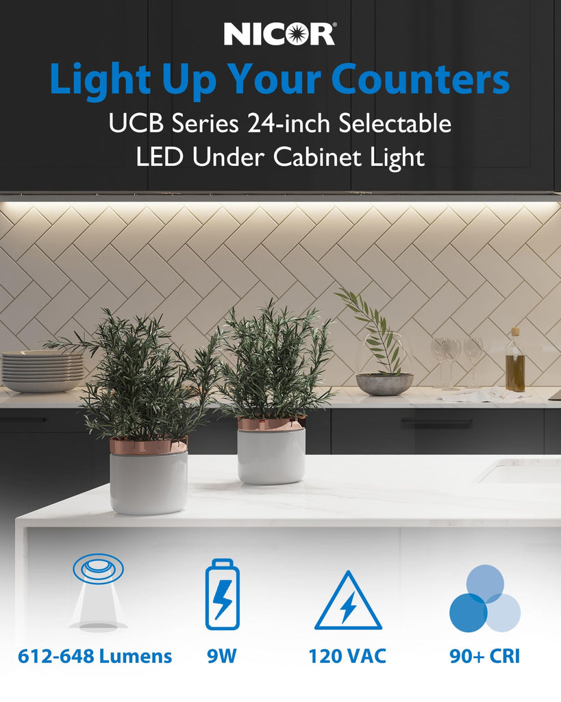24" LED Direct Wire Under Cabinet Light - Dimmable Undercounter LED Lights - Selectable CCT 2700K-5000K, 612-648