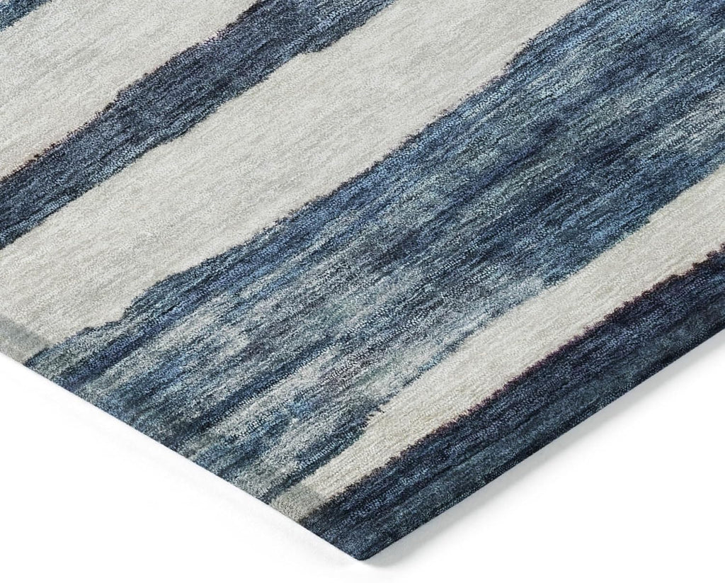 3' X 5' Denim Blue and Gray Striped Washable Indoor Outdoor Area Rug