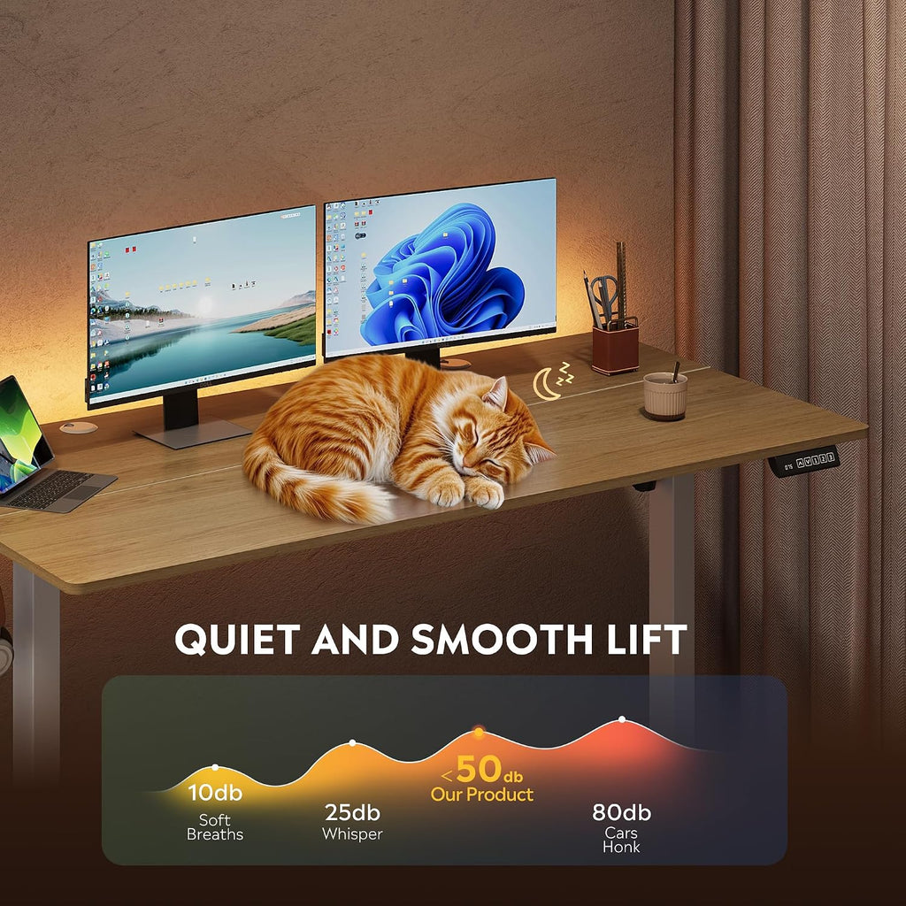 55 Inch Standing Desk with Split Top, Computer Desk, Maple | LED Touchscreen, Headphone Hook, 3 Memory Preset