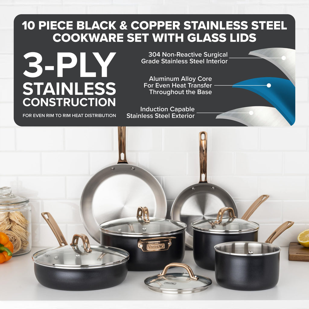 3-Ply Cookware Set, 10 Piece Stainless Steel Kitchen Cookware with Glass Lids, Oven Safe, Induction Ready, Black
