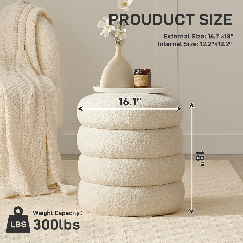 Round Ottoman with Storage Boucle Ottoman (White)