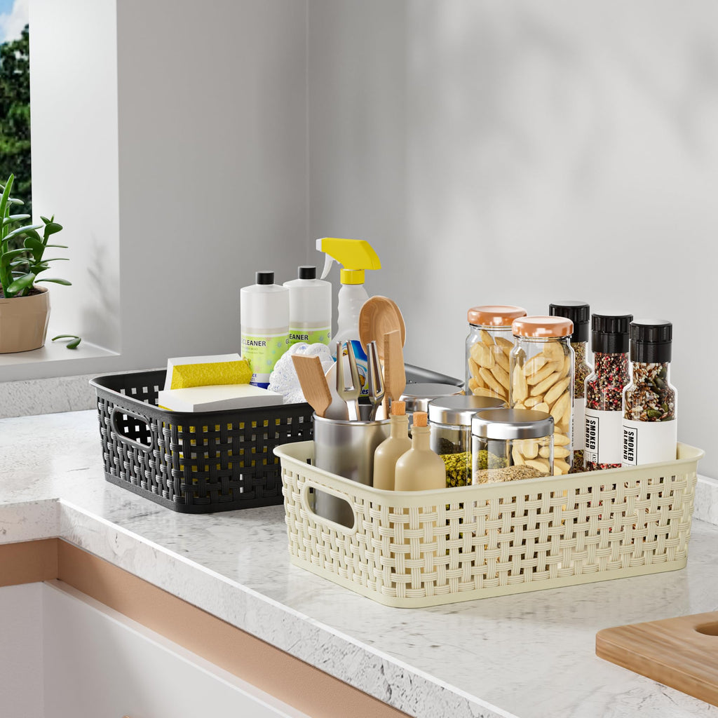Black Plastic Basket, 8 Pack Home Organization and Storage Baskets with Handles, Space Saving Woven Organizer Bins